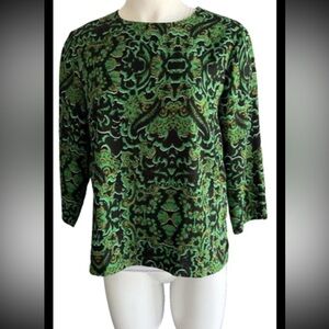 H&M Green and black Print Blouse 3/4 sleeve top Back zipper Size 10